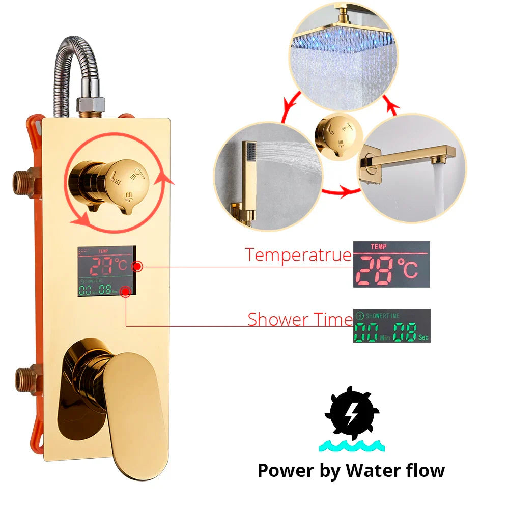 DecorBites™ Gold Digital Shower Set with 3-Functions LED Rainfall Head