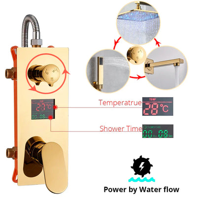DecorBites™ Gold Digital Shower Set with 3-Functions LED Rainfall Head