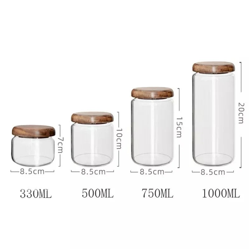 DecorBites™ Acacia Wood Lid Glass Food Storage Container - Elegant and Functional Kitchen Jar