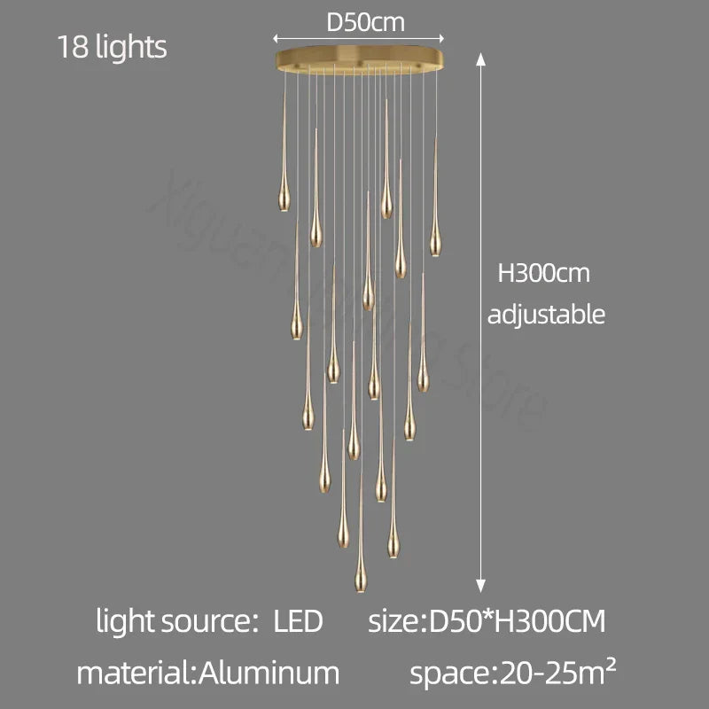 Gold Duplex LED Chandelier 12-Light Staircase