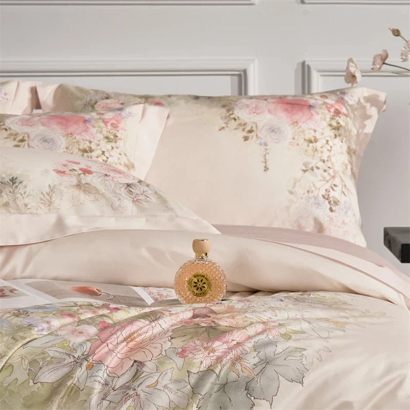 DecorBites™ Flowers Pattern 1000TC Egyptian Cotton Luxury Bedding Set & Silk Duvet Cover