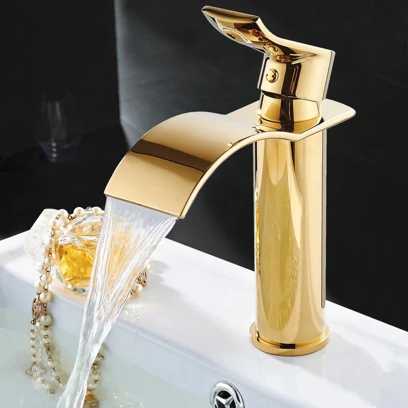 DecorBites™ Gold Waterfall Bathroom Faucet Single Handle Basin Mixer Tap Brass Sink Crane