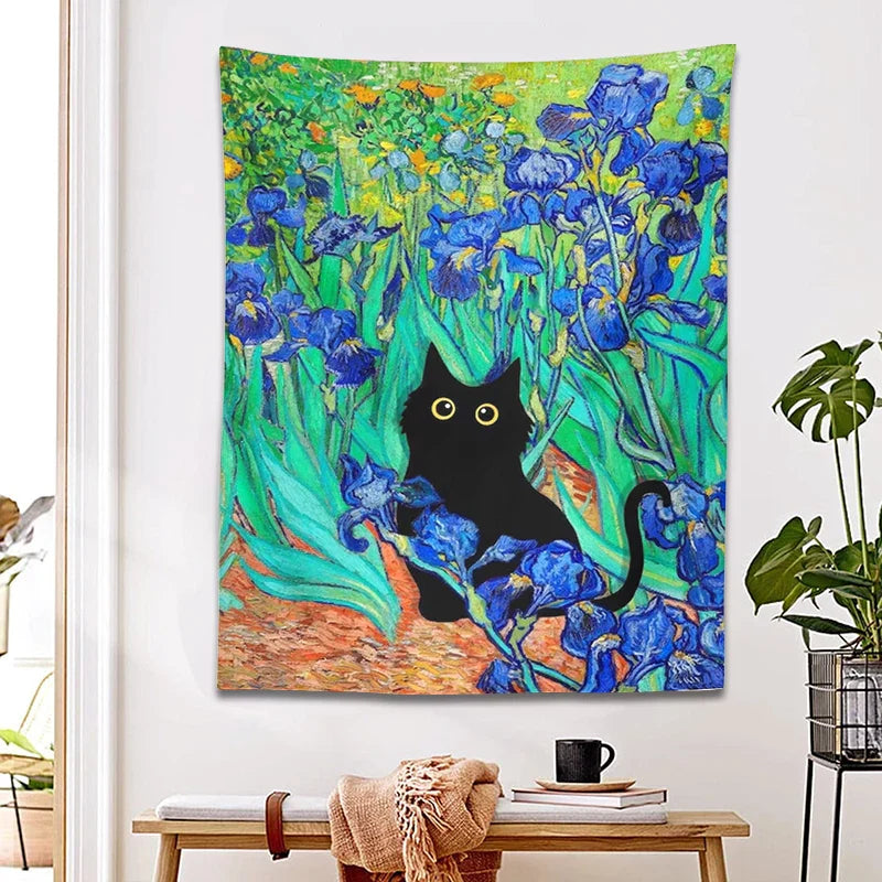 DecorBites™ Irises Cat Tapestry: Van Gogh Inspired Black Cat Art & Floral Print