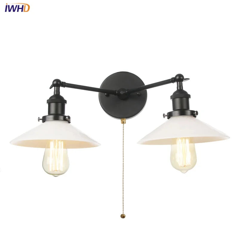 DecorBites™ Industrial LED Wall Light Fixture with Glass Pull Chain Switch - 2 Heads