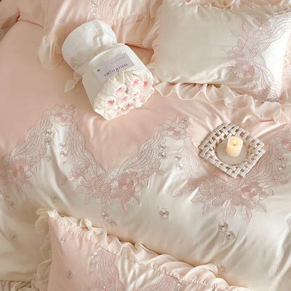 DecorBites™ French Romantic Lace Ruffles Flowers Embroidery Bedding Set in Pink & Blue Cotton
