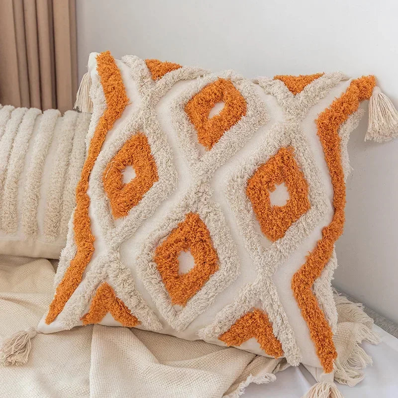 DecorBites™ Geometric Tufted Tassel Pillow Cover - Handcrafted Boho Chic Cushion Cover