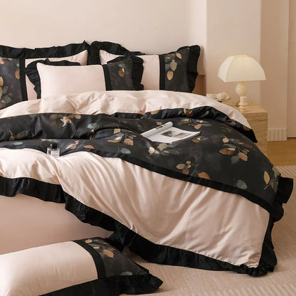 DecorBites™ French Retro Rayon Silk Bedding Set with Lace - Summer Cooling Comforter Cover