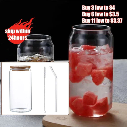 DecorBites™ Glass Drink Cup with Bamboo Lid - High Borosilicate Glass Tea Juice Coffee Mug