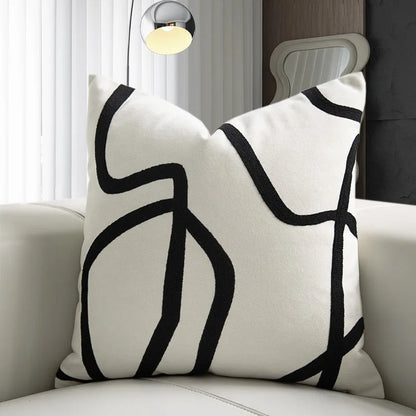 DecorBites™ Geometric Line Embroidered Pillowcase in Black White Beige Suede Canvas