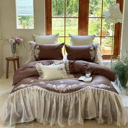DecorBites™ Elegant Flowers Embroidery Lace Princess Wedding Bedding Set - 1200TC Cotton Duvet Cover