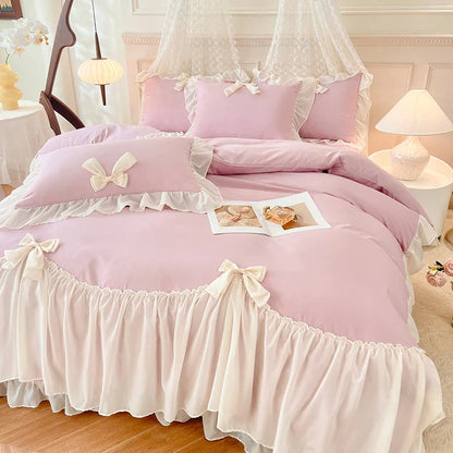 DecorBites™ Korean Lace Bow Bedding Set: Luxury Princess Quilt Cover for Girls Wedding Home Textiles