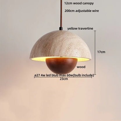 DecorBites™ LED Wood Canopy Pendant Lights Yellow Travertine Stone Hanging Lamp