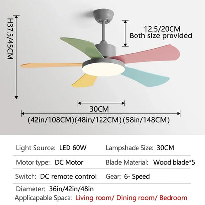 DecorBites™ 48" Bedroom Restaurant Ceiling Fan with 5 Wood Blades, DC Motor, LED Light, Remote