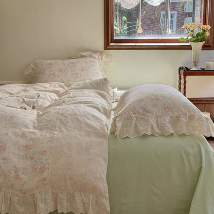 DecorBites™ Elegant Floral Lace Ruffles Bedding Set with Double Yarn - Soft Cotton Blend