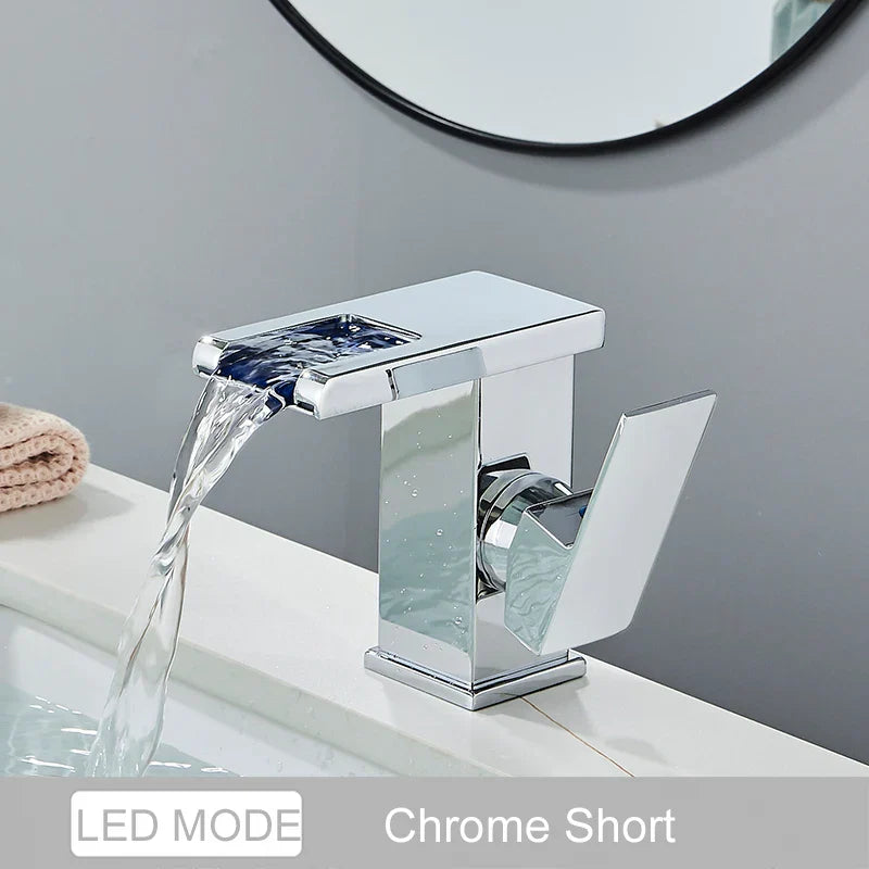DecorBites™ LED Waterfall Basin Faucet - Color Changing, Single Handle, Deck Mounted.
