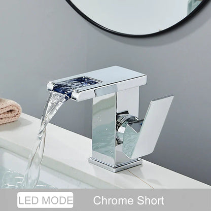 DecorBites™ LED Waterfall Basin Faucet - Color Changing, Single Handle, Deck Mounted.