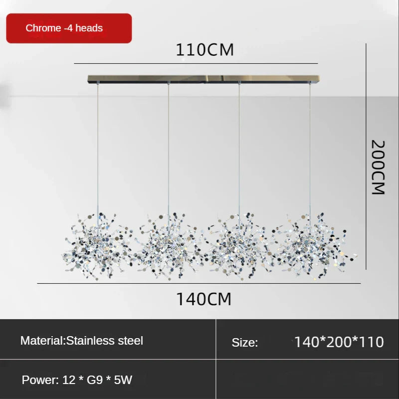 Sequin Leaf Ceiling Chandelier Gold 6-Head Long