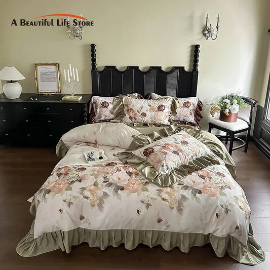 DecorBites™ French Vintage Ruffles Bedding Set in Egyptian Cotton with Flowers Prints