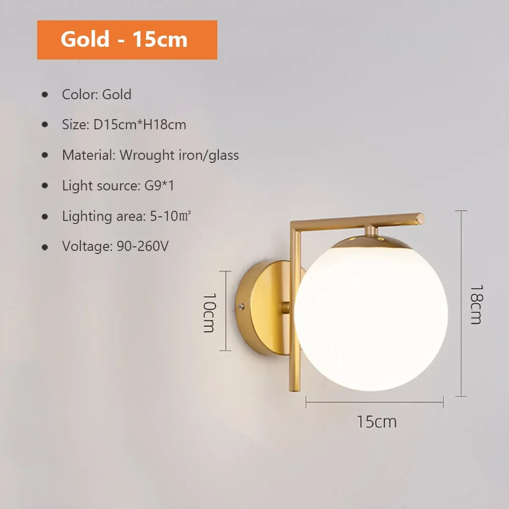 DecorBites™ Glass Shade Gold Wall Lamp Bedroom Bedside Spherical Aisle Light