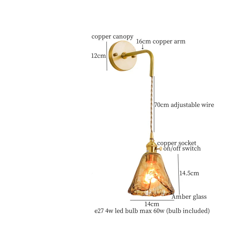 Amber Glass Wall Lamp Pull Chain Switch