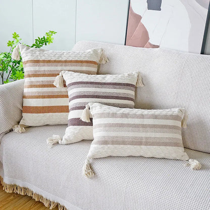 DecorBites™ Ivory Brown Coffee Black Stripe Pillow Case with Tassels 45x45cm 30x50cm 50x50cm