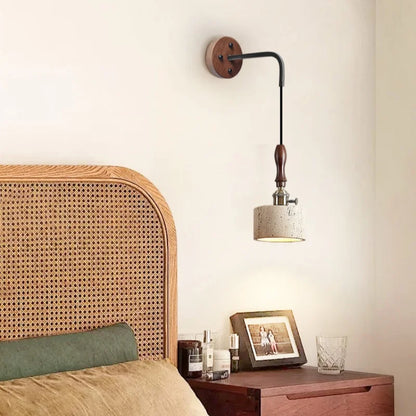 DecorBites™ Copper Wood LED Wall Sconce Yellow Travertine Stone Bedside Light