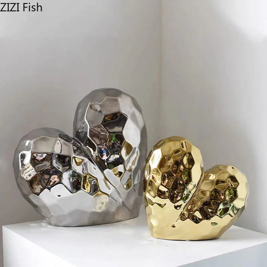 DecorBites™ Golden Heart Ceramic Statue: Minimalist Modern Home Decor Ornament