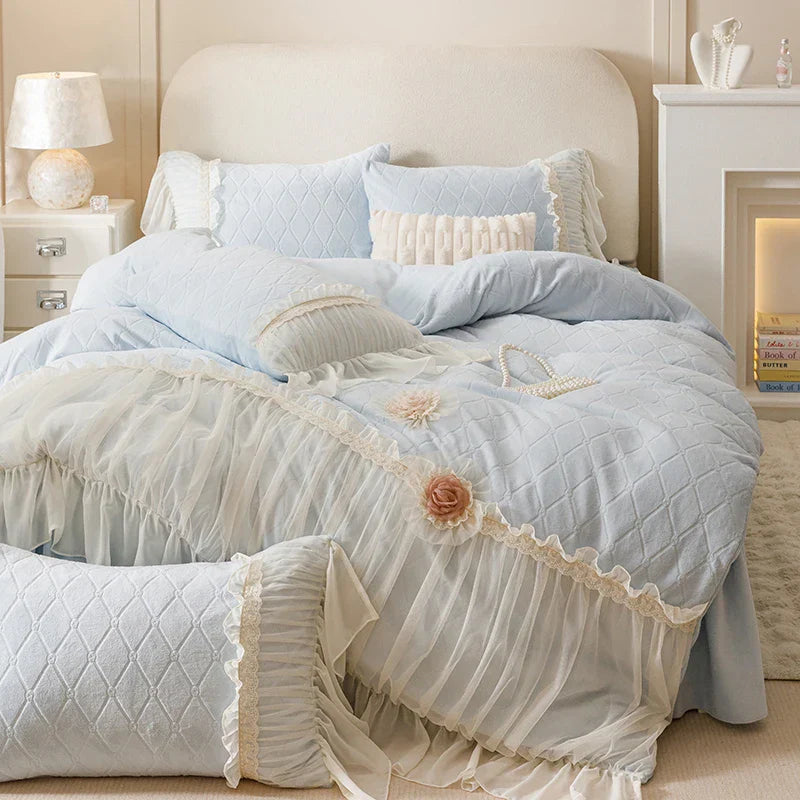 DecorBites™ Cozy Velvet Lace Flowers Princess Bedding Set