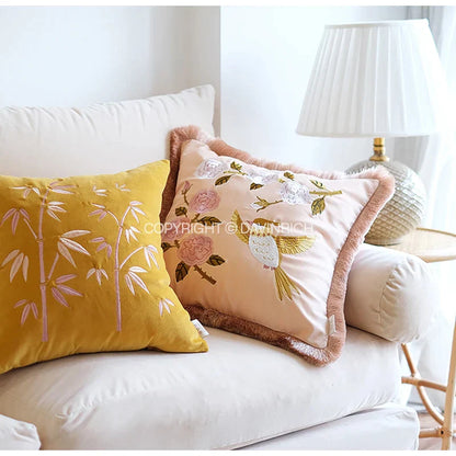 DecorBites™ Bamboo Embroidered Fringed Velvet Lumbar Pillow Cover 30x50cm Luxurious Artistic Oriental Style