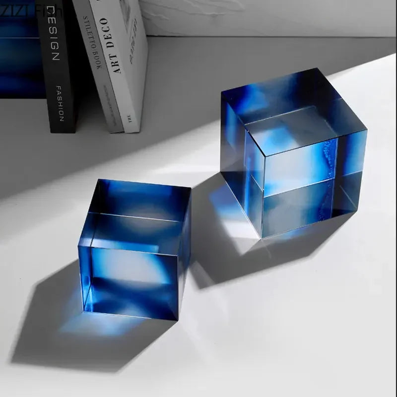 DecorBites™ Crystal Cube Ornaments Clear Glass Sculpture Desk Decoration Geo Graded Square