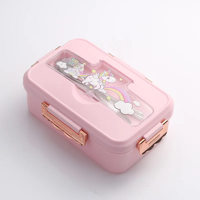DecorBites™ Kids Cartoon Bento Lunch Box with Fork Spoon, Heated 3 Grid Sandwich Snack Box
