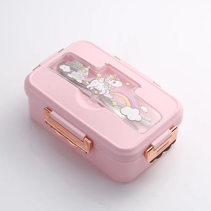 DecorBites™ Kids Cartoon Bento Lunch Box with Fork Spoon, Heated 3 Grid Sandwich Snack Box