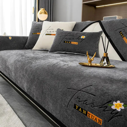 Soft Chenille Embroidery Four Season Universal Sofa Towel, L-shaped Sectional Anti-slip Sofa Cover for Living Room