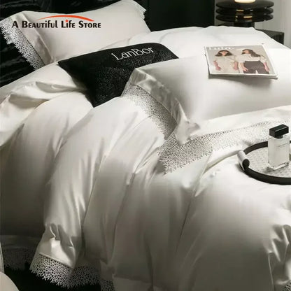 DecorBites™ French Lace Edge Bedding Set, 1000TC Egyptian Cotton, Queen King, Duvet, Sheet, Pillowcases