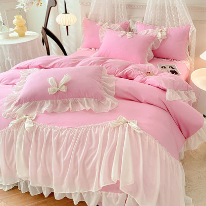 DecorBites™ Korean Lace Bow Bedding Set: Luxury Princess Quilt Cover for Girls Wedding Home Textiles