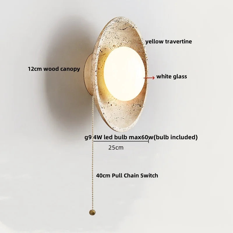 DecorBites™ LED Wall Light Travertine Base Modern Nordic Pull Chain Bedside Lamp