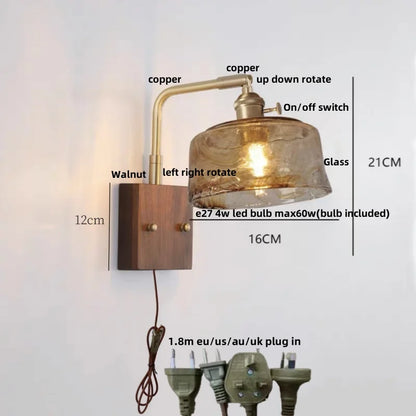DecorBites™ LED Wall Light Walnut Wood Rotate Copper Bedside Lamp