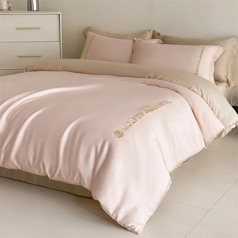 DecorBites™ Cotton Solid Color Bedding Set, Premium Quality Embroidery Quilt Cover, Single Bed.
