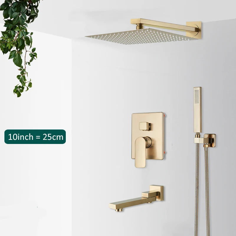 Quyanre Brushed Gold Shower Faucets Set Bathroom Wall Mounted Shower System Embedded Box Shower Mixer Tap Rainfall Shower Faucet