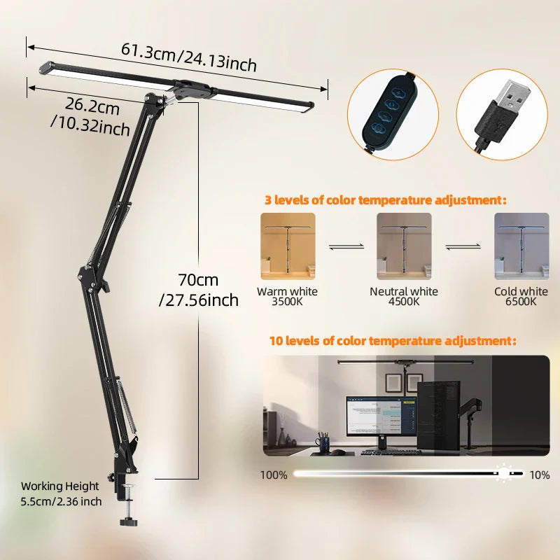 DecorBites™ Double Head LED USB Table Lamp – Stepless Dimmable for Office, Study, Reading
