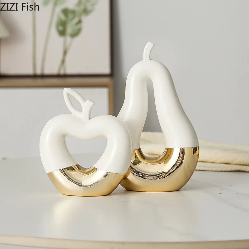 Gold Ceramic Apple Pear Statues