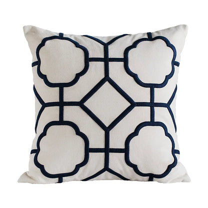 DecorBites™ Geometric Embroidery Cushion Cover Navy Blue White Yellow 50x50cm Home Decor Pillow
