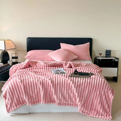 DecorBites™ Cozy Coral Fleece Striped Solid Blanket for Winter Sofa Cover Queen King Sizes