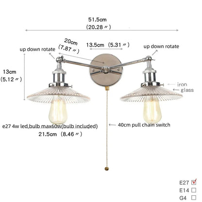 DecorBites™ Industrial LED Wall Light Fixture with Glass Pull Chain Switch - 2 Heads