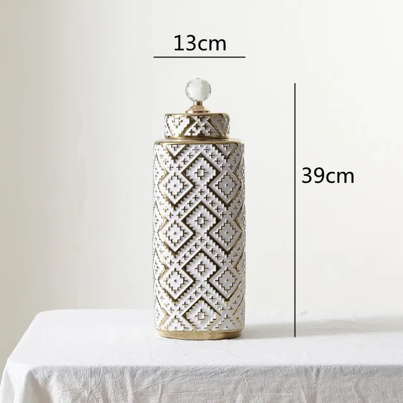 DecorBites™ Geometric Golden Relief Decorative Jar - Ceramic Crystal Vase Storage Jar
