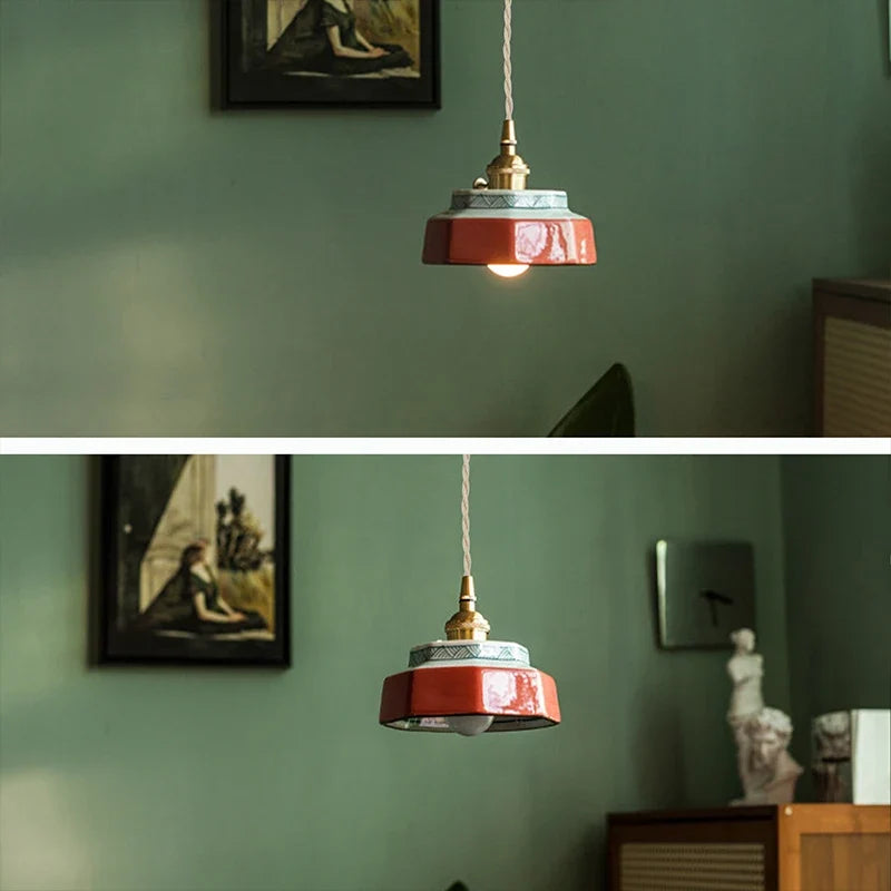 Japanese Retro Ceramic Pendant Light in Red or Blue
