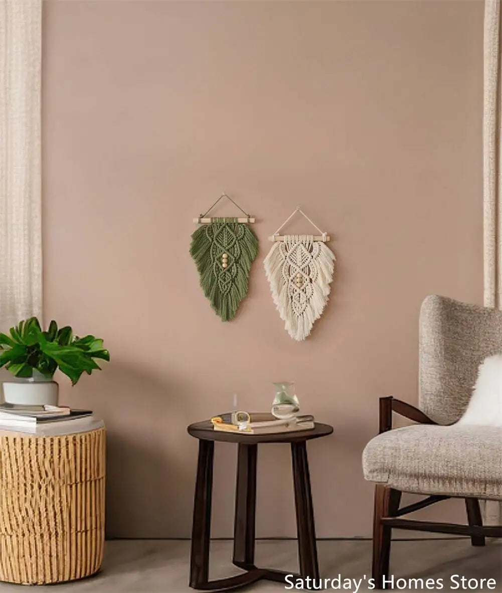 DecorBites™ Handmade Macrame Leaf Hanging Tapestry Wall Decoration Mini Tapestry with Wood Stick