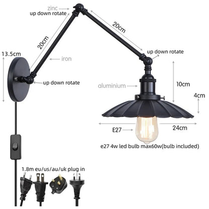 DecorBites™ Gold LED Industrial Wall Lamp with Pull Chain Switch