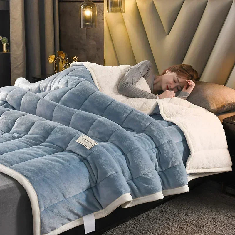 DecorBites™ Cozy Flannel Fleece Lambswool Blanket - 3 Layers, Warm & Soft for Bed.