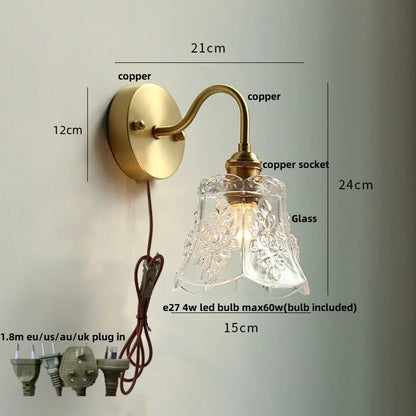 DecorBites™ Clear Glass LED Wall Sconce Pull Chain Switch Modern Copper Bedside Lamp